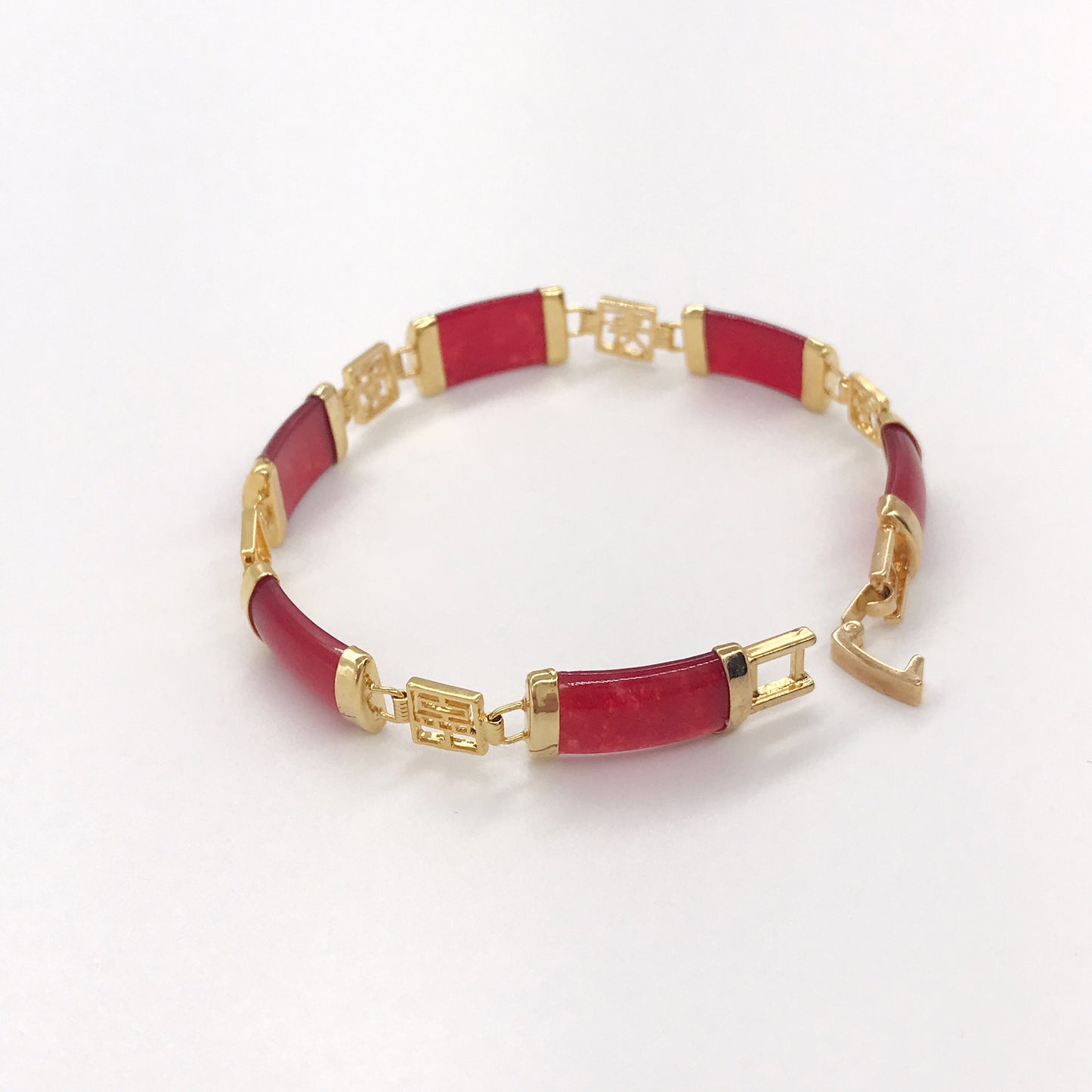 Chinese Characters Good Fortune Red  Carnelian Agate Link Bracelet