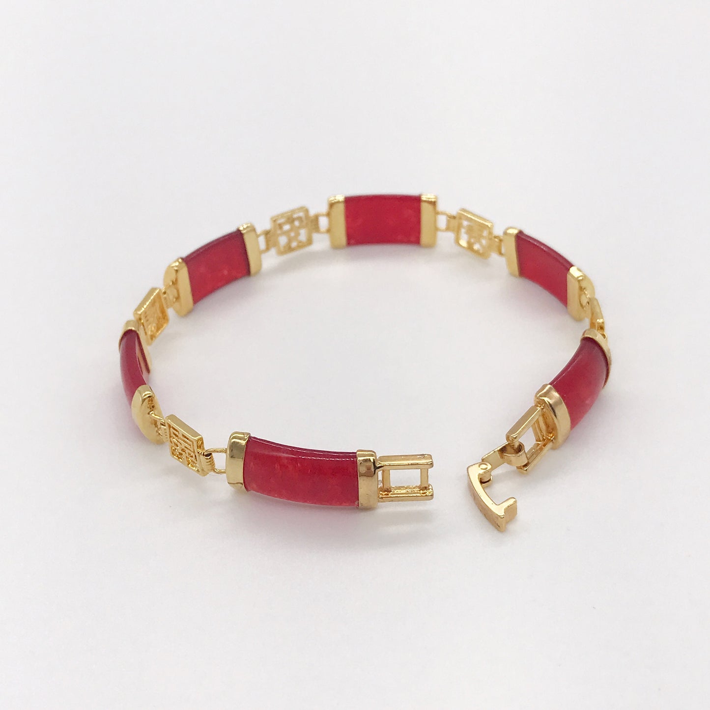 Chinese Characters Good Fortune Red  Carnelian Agate Link Bracelet