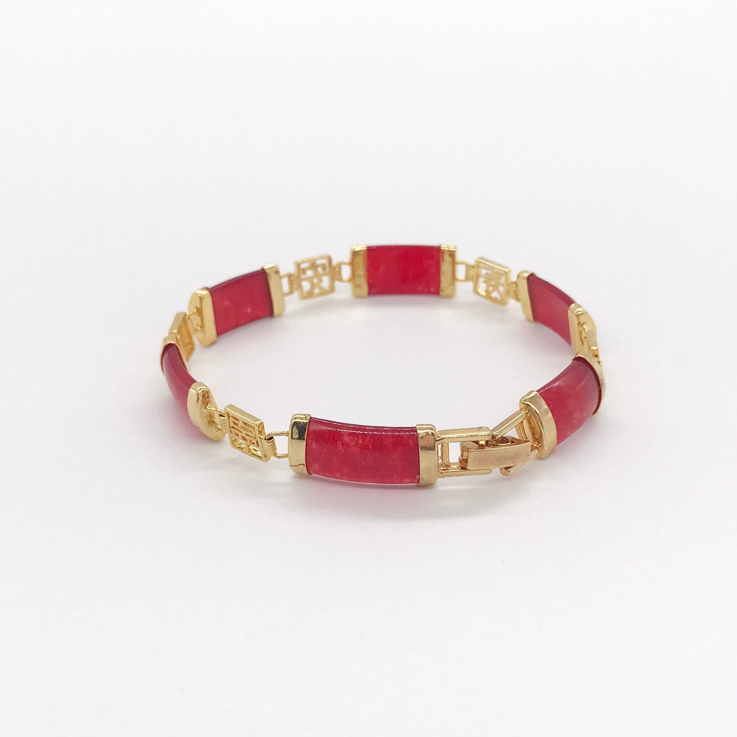 Chinese Characters Good Fortune Red  Carnelian Agate Link Bracelet
