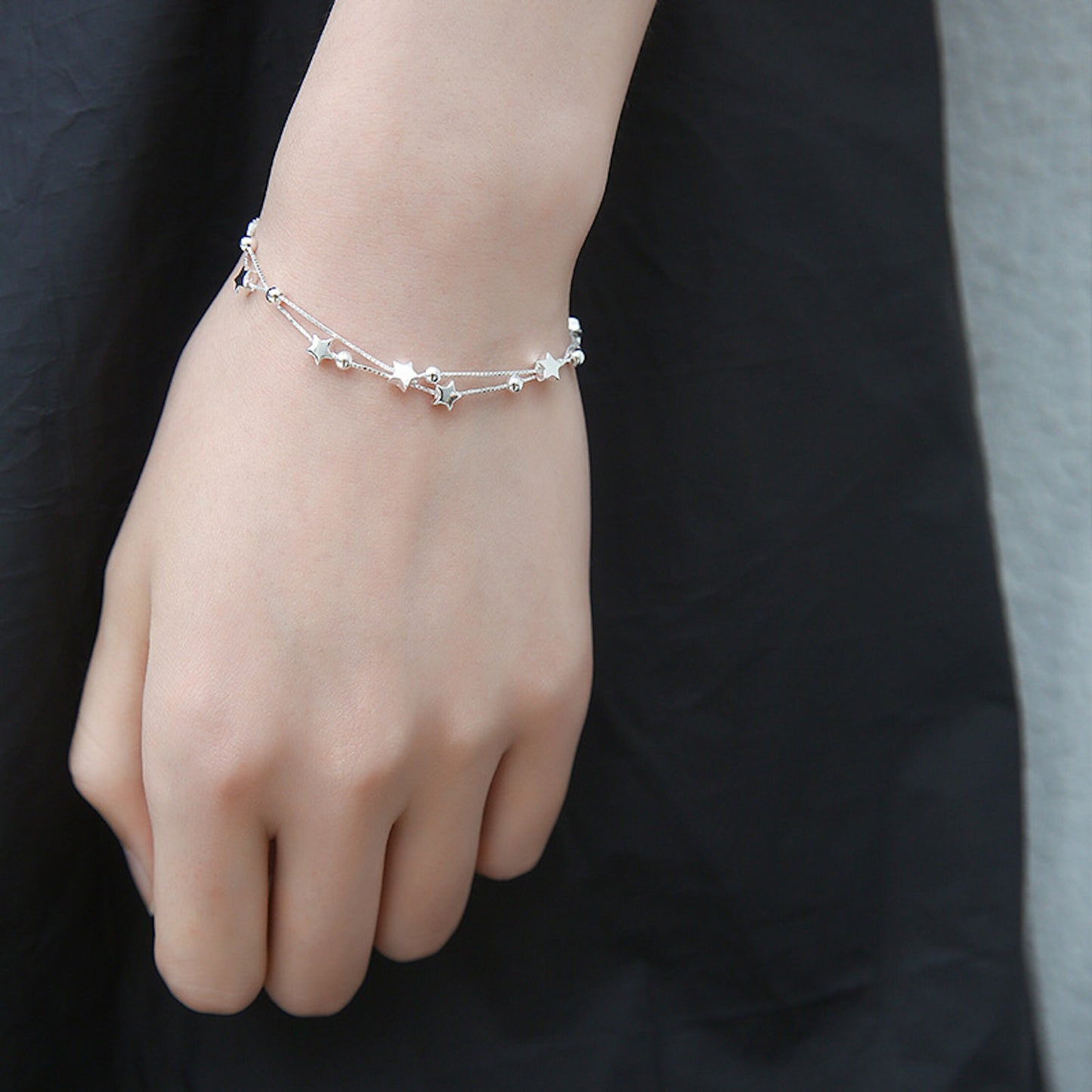Sterling Silver Tiny Little Stars and Ball Charm Adjustable Box chain Bracelet