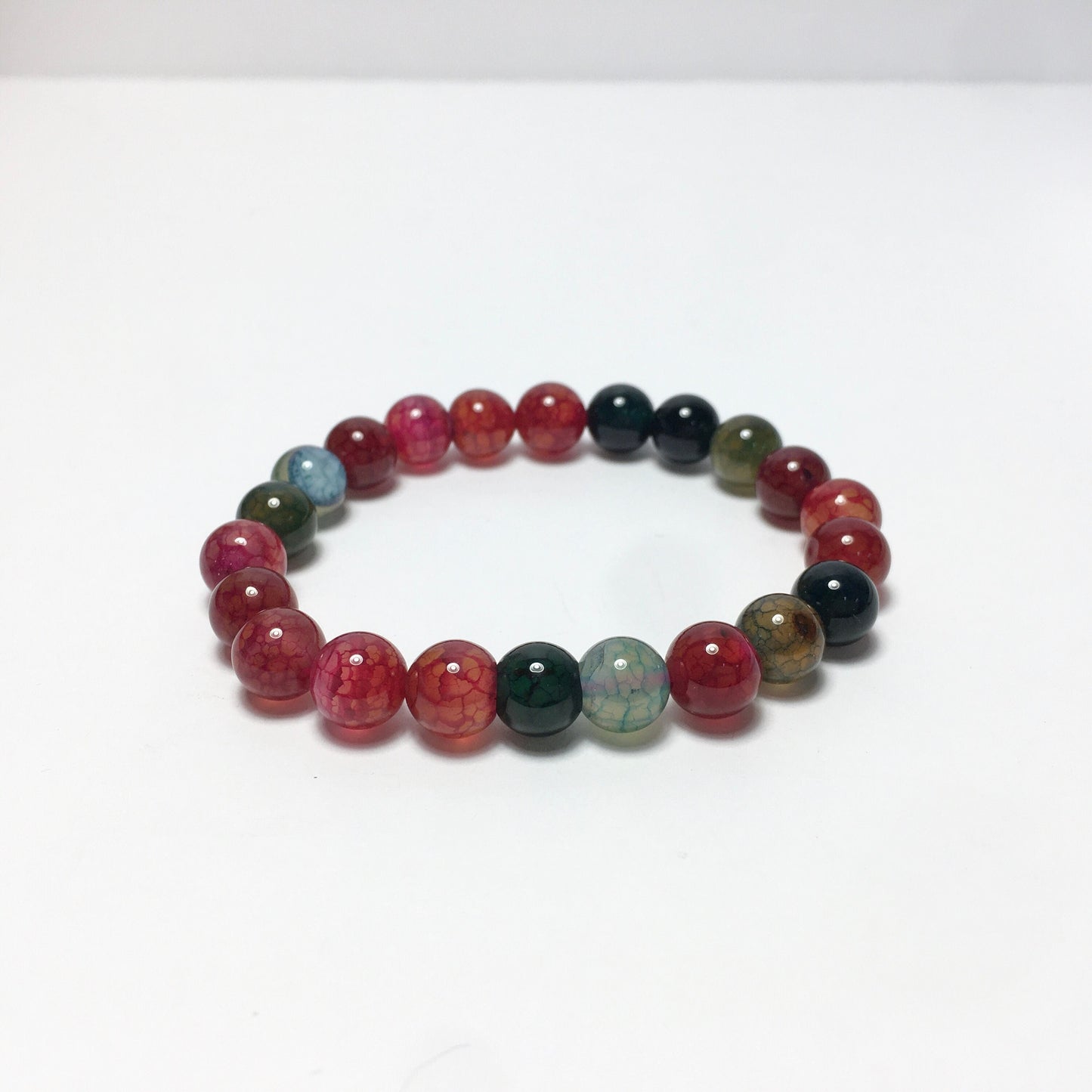 8mm Two Tone Red, Green Dragon Bone Stone Beaded Bracelet, Lucky Gift