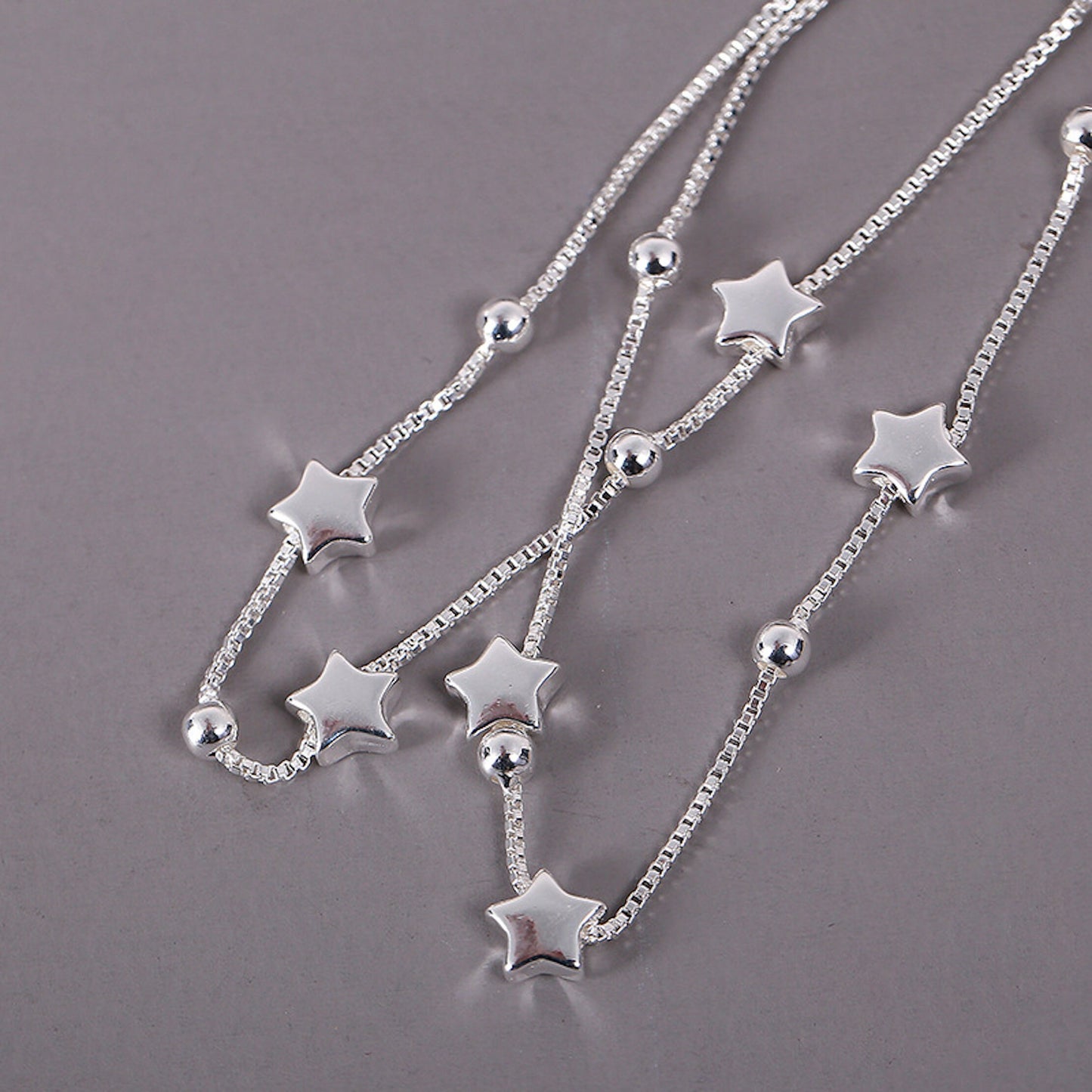 Sterling Silver Tiny Little Stars and Ball Charm Adjustable Box chain Bracelet