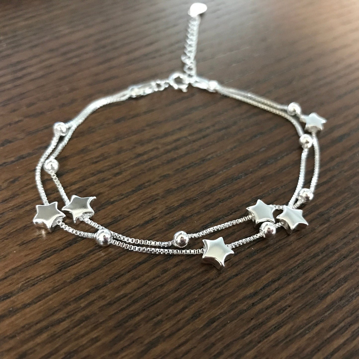 Sterling Silver Tiny Little Stars and Ball Charm Adjustable Box chain Bracelet