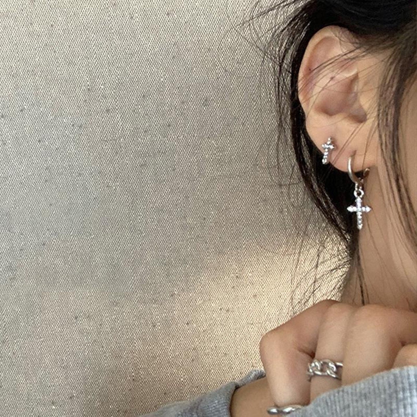 Sterling Silver Cross CZ Earring, Stud and Huggie Earring