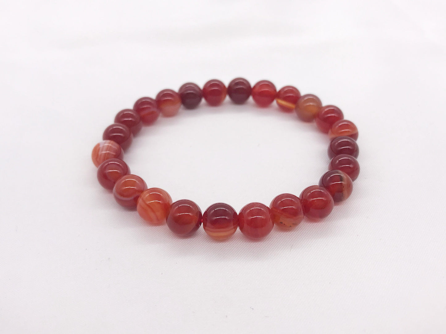 8mm Red Agate Carnelian Beaded Bracelet, White Red Natural Gemstone Bracelet