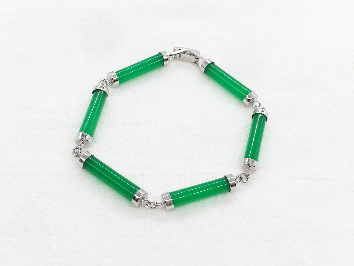 Bamboo Green Jade Link Bracelet, White Gold Plated
