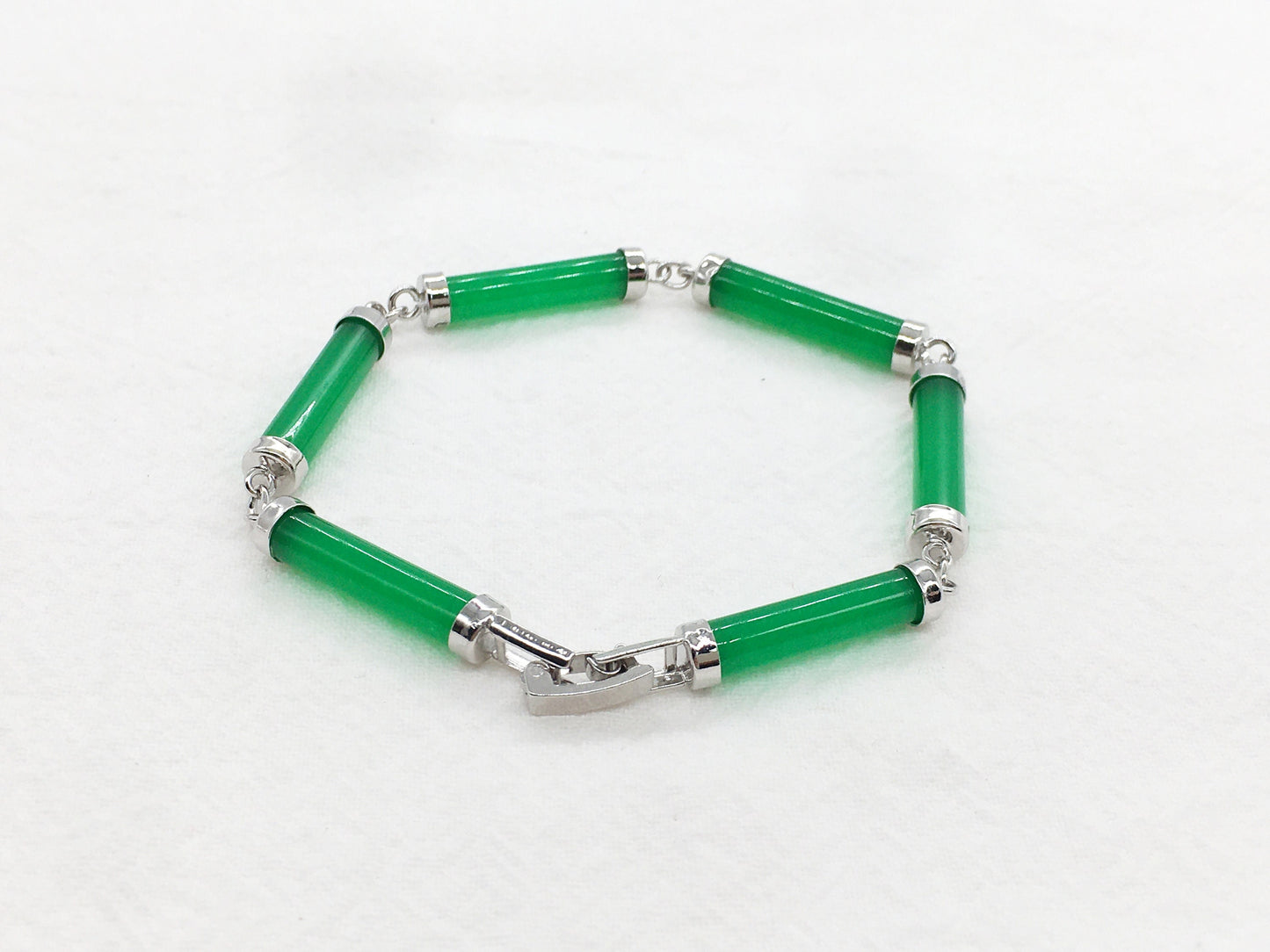 Bamboo Green Jade Link Bracelet, White Gold Plated