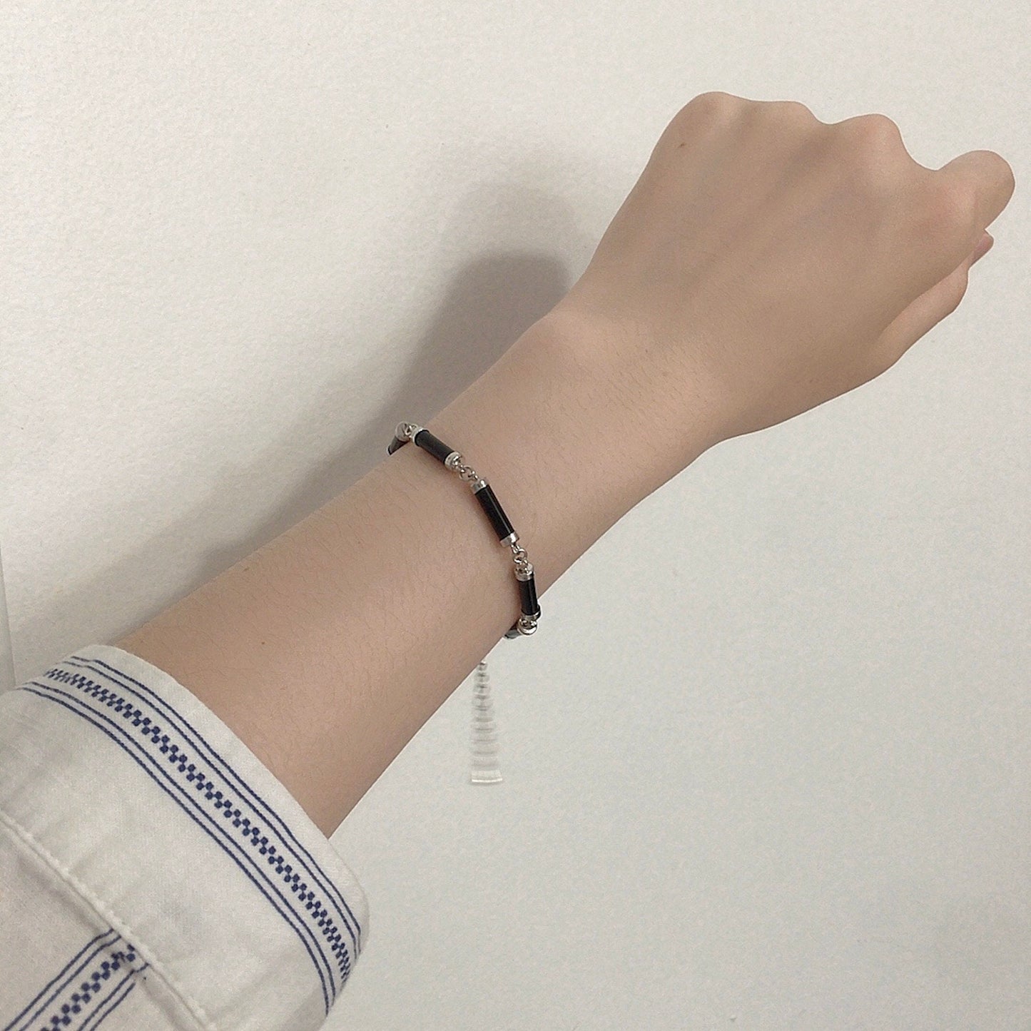 Black Obsidian Link Bracelet, White gold plated