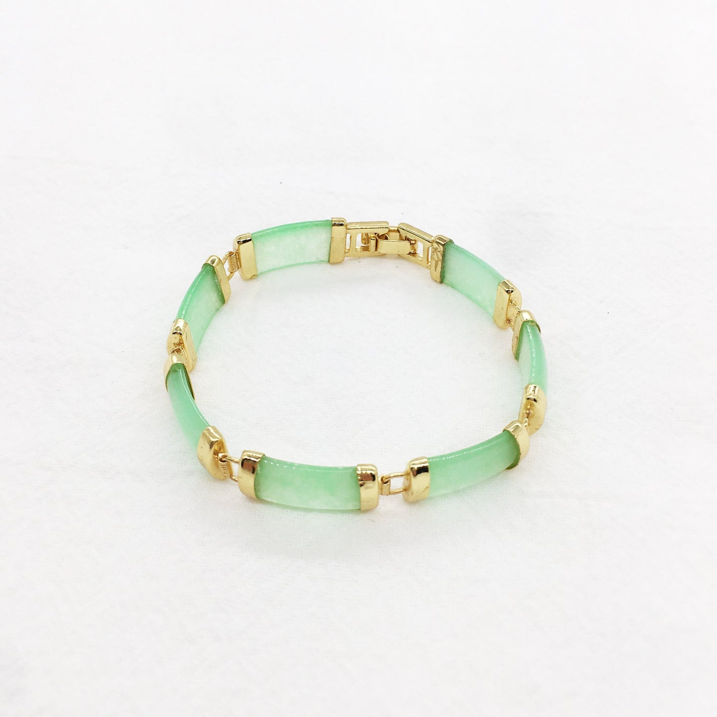Light Green Rectangle Jade Link Bracelet, Gold Plated