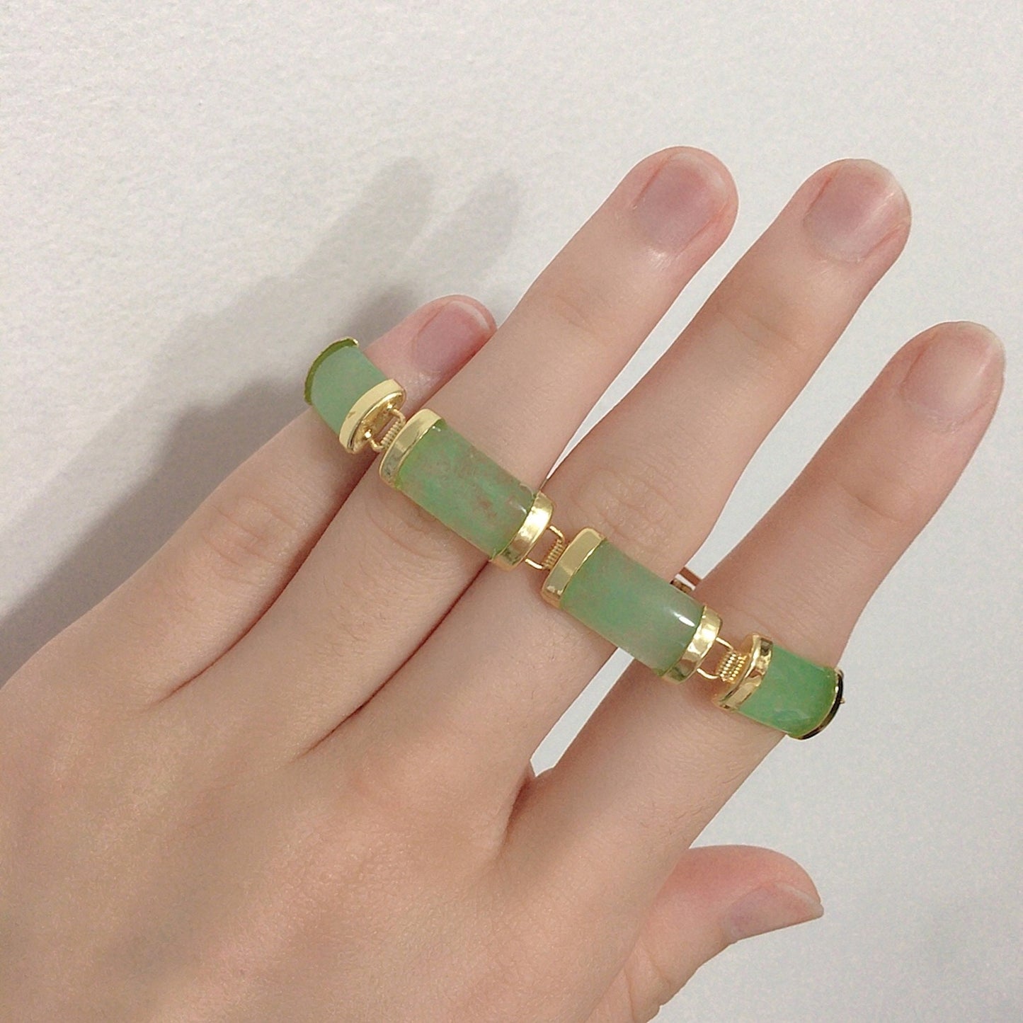 Light Green Rectangle Jade Link Bracelet, Gold Plated