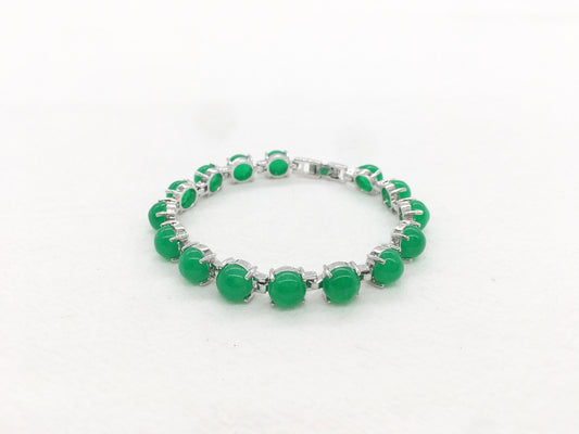 Genuine Oval Green Jade Link Bracelet, White Gold Plated