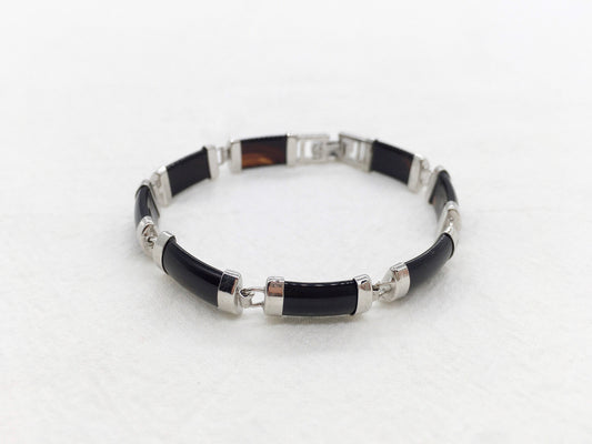 Black Obsidian Rectangle Link Bracelet, White Gold Plated