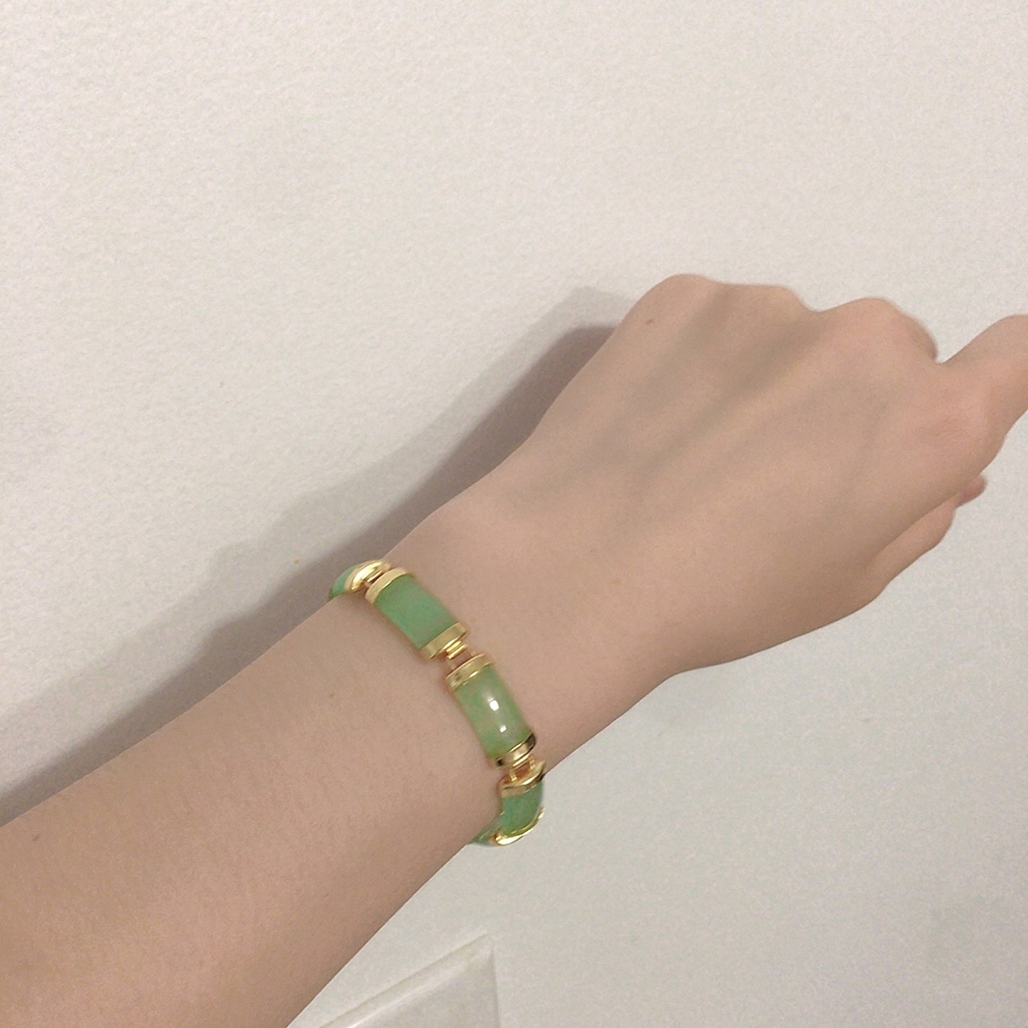 Light Green Rectangle Jade Link Bracelet, Gold Plated
