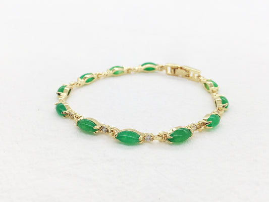 Green Leaf Jade Gemstone Link Bracelet, Gold Plated