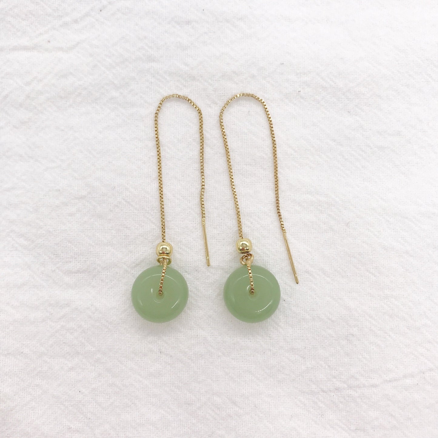Gold Plated Jade Donuts Pendant Earrings, Circle Jade Drop Style Earrings