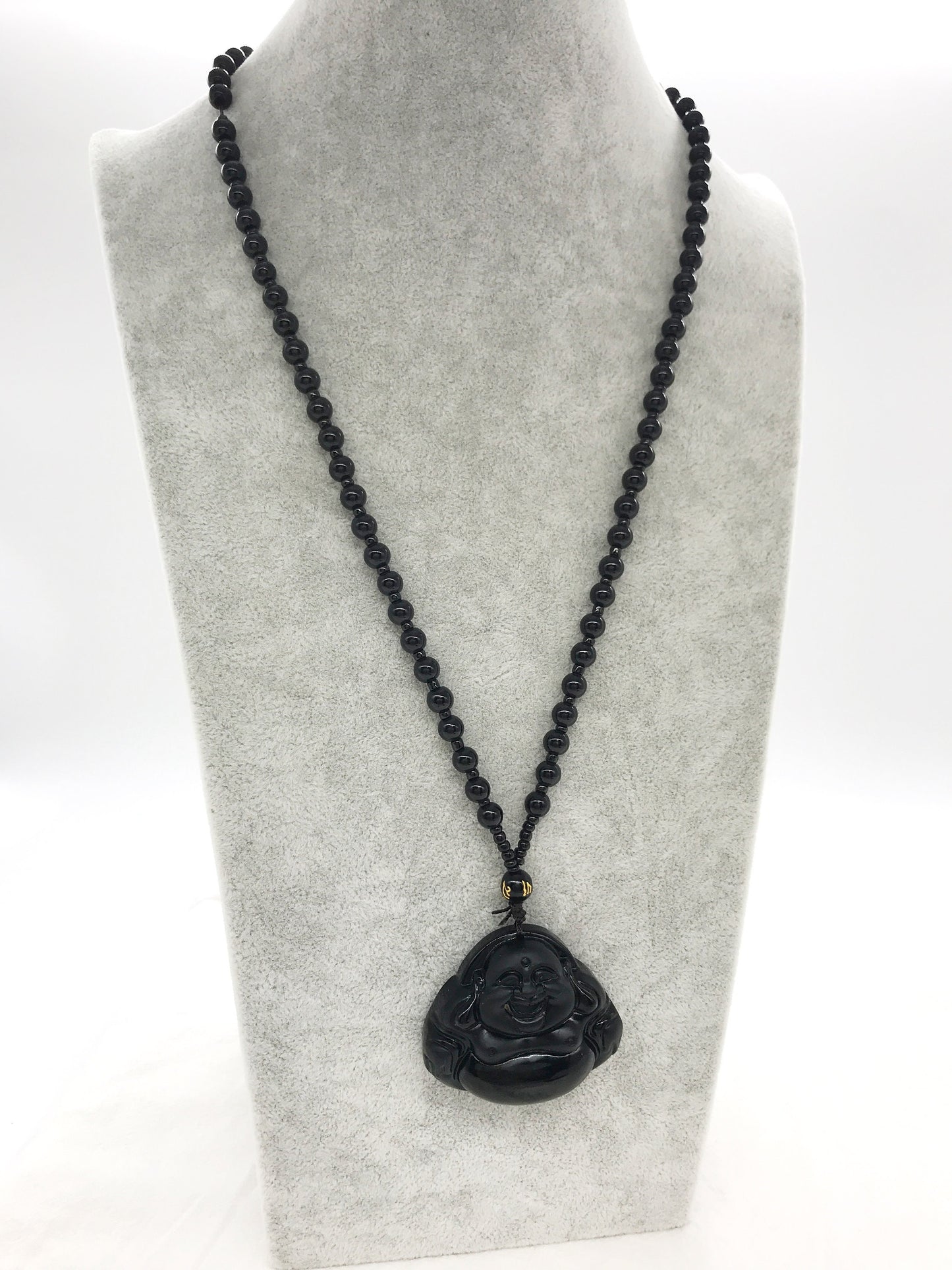 Black Obsidian laughing happy Buddha Pendant Necklace, Obsidian beaded necklace